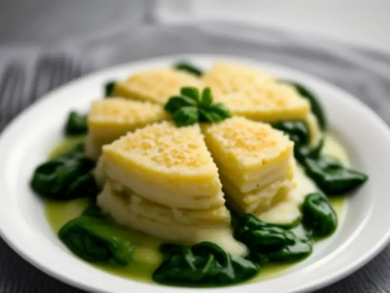 Gratin van witte asperges, spinazie en parmezaan