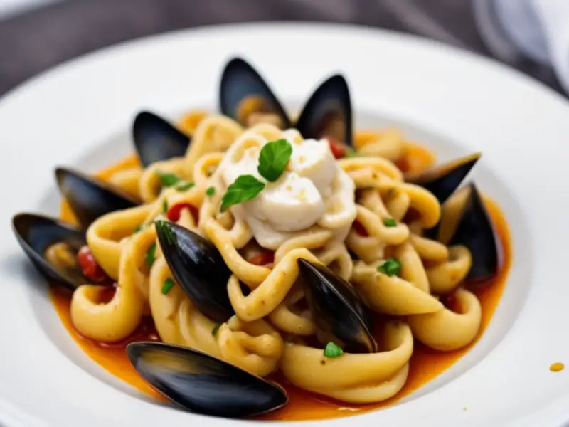 Pasta met mosselen, kerstomaatjes en gevulde inktvis